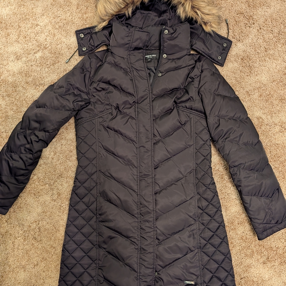 Kenneth Cole Dark Puffer Coat with Faux Fur Hood